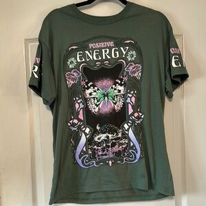 Graphic Green Tee with Pink Floral Accents